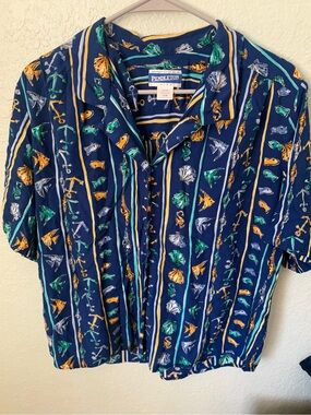 Pendleton Navy Short-Sleeve Button-Down with Green & Gold Nautical Motifs